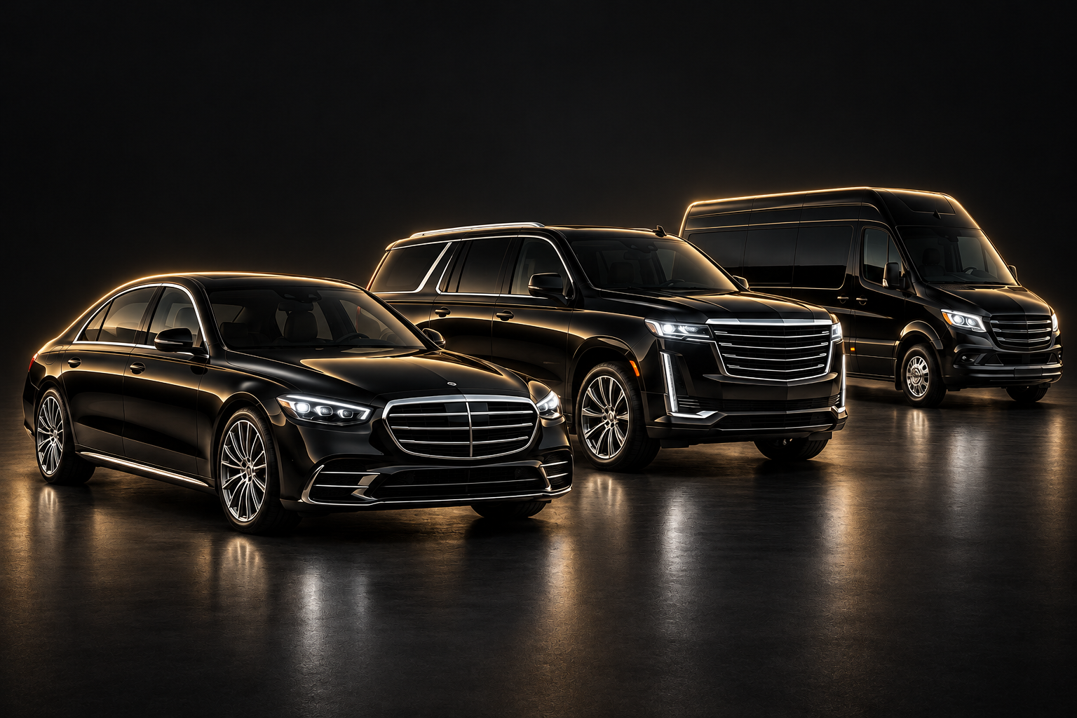 Luxury sedan, SUV and party bus together in a dark studio