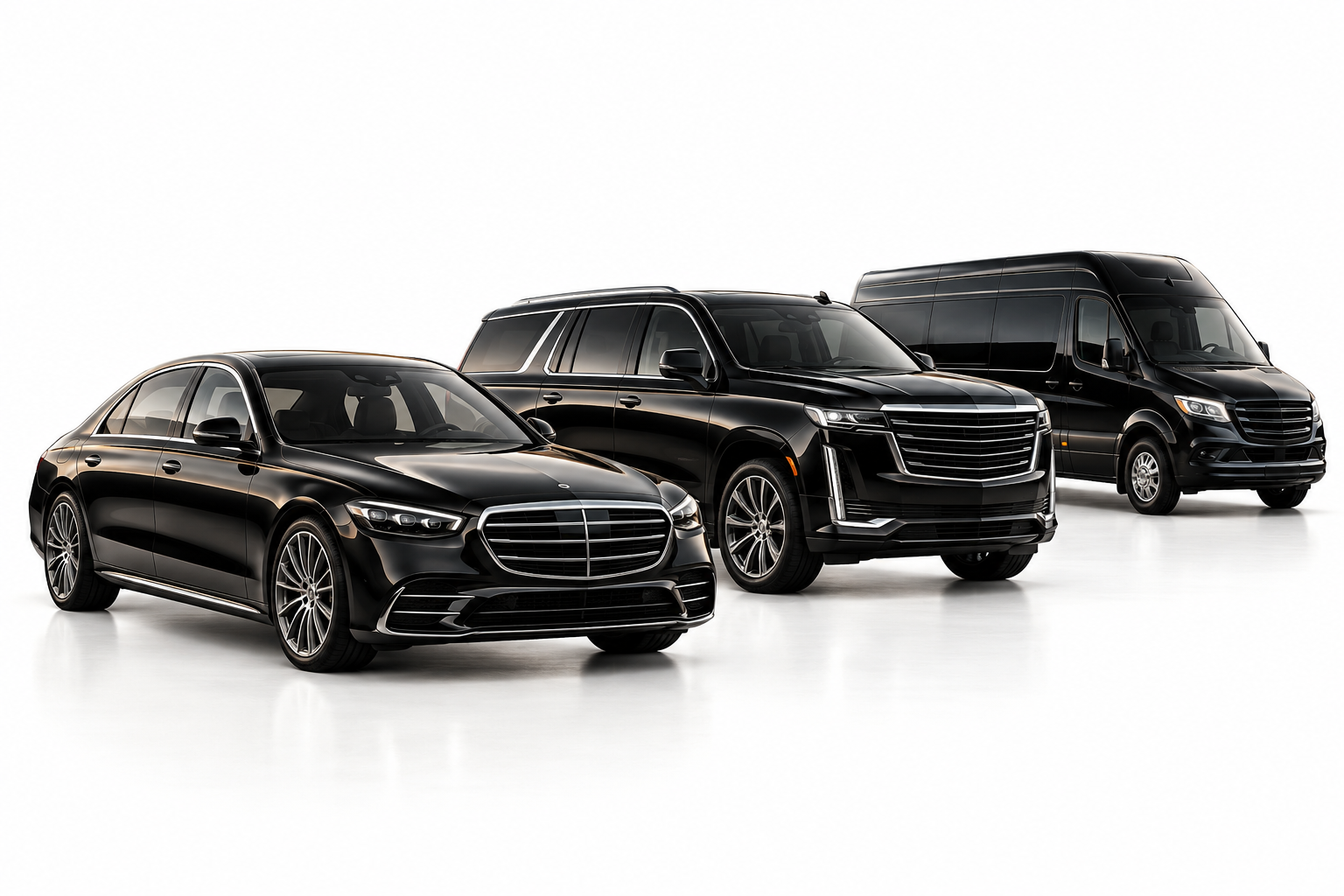 Black luxury sedan, SUV, and passenger minibus in a studio